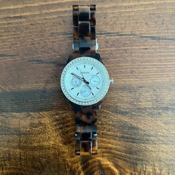 Women's Tortoise Shell Rhinestone Fossil Watch - Picture 1 of 2